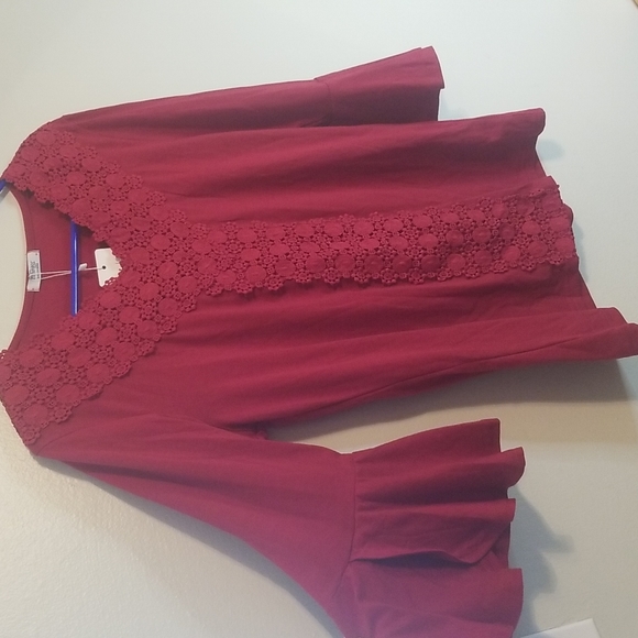 Red Bell Sleeve Boho Top with Lace Detail NWT - Picture 1 of 6